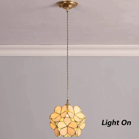 Petals Tiffany Style Stained Glass Ceiling Pendant Light With 8 Inch Cream White Lampshade Cherry Blossom Finish illuminated