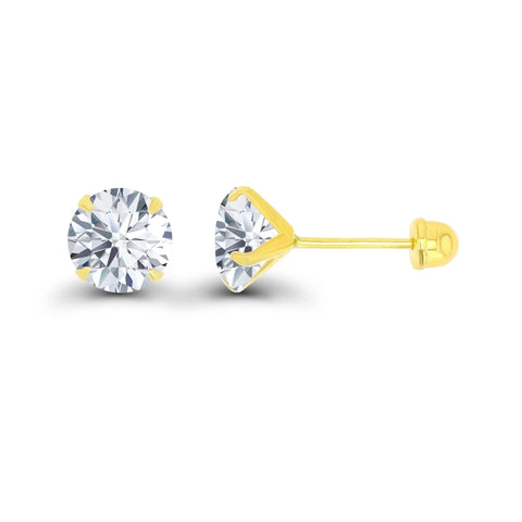 Solid 14K Yellow Gold 5mm Round Cubic Zirconia Solitaire Stud Earrings With Secure Ball Screw Backs For Women Hypoallergenic Everyday Wear