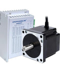 Stepperonline DM860Y digital stepper driver with NEMA 34 stepper motor, front view.
