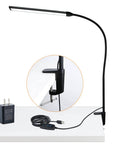 Lit LED Desk Lamp With Clamp, Tall Gooseneck Clip On Light, 11W 850 Lumens, USB Powered on a desk with clamp attachment.