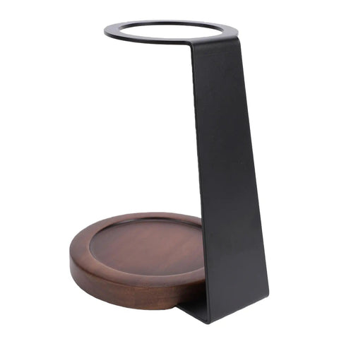 Kickstart Your Morning Routine With This Top Shelf Pour Over Coffee Dripper Stand, Smooth Operator Aluminum And Genuine Wood Filter Holder Rack, No Fuss Drip Brewing Station For Kitchen Counter side view of aluminum and wood coffee dripper stand