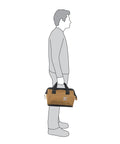 Silhouette carrying Beefy Duty Tool Bag With Large Zip Main Compartment, Six Exterior Pockets, Fifteen Interior Pockets And Loops.
