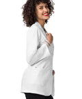 Side view of Women's Princess Cut Lab Coat 30 Inch Length With Front And Back Seams And Belt Detail, White XXS size.
