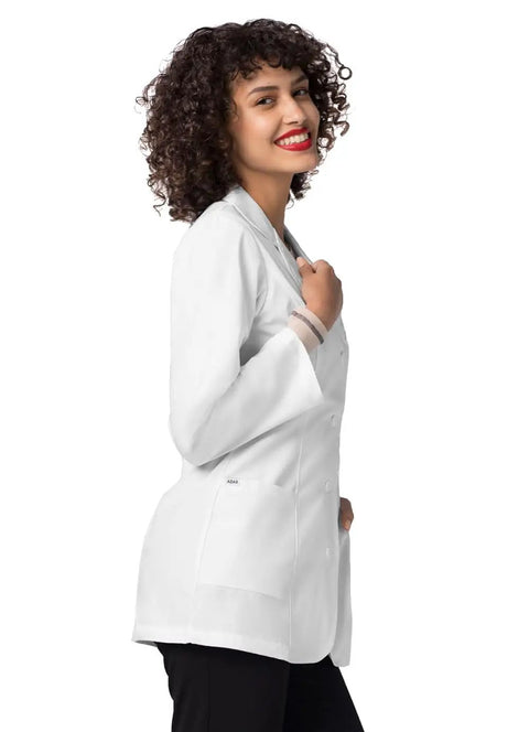 Side view of Women's Princess Cut Lab Coat 30 Inch Length With Front And Back Seams And Belt Detail, White XXS size.