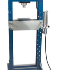 Industrial Grade Steel Shop Press Featuring Adjustable Cylinder Stroke Reinforced Welded Frame And Manual Operation For Slick Assembly And Knockout Pressing Power, blue frame and pressure gauge.