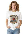 Awesome Vintage Engineer Blueprint Tee With Wrench And Coffee Mug Design For Garage Makers, 100 Cotton Unisex Classic Fit Shop Shirt worn by a woman.