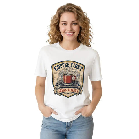 Awesome Vintage Engineer Blueprint Tee With Wrench And Coffee Mug Design For Garage Makers, 100 Cotton Unisex Classic Fit Shop Shirt worn by a woman.