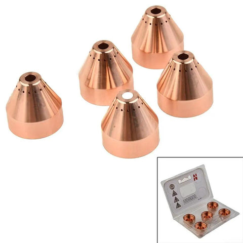 Heavy Duty 5-Pack Plasma Cutter Shield Caps made of robust copper, perfect fit for Hypertherm 65 and 85 models.