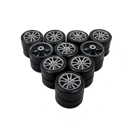 Dope Mini 16mm Toy Car Wheel Set With 10 Shaft Axles For DIY Model RC Cars Trucks And Robots, twenty silver rubber wheels arrangement