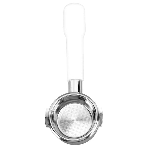Top view of Bottomless 58mm Portafilter with Detachable Design, Aluminum Alloy Body, Two Ears Handle, Stainless Steel Filter Basket