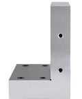Angled view of a silver 6x6x4 precision angle plate with through holes in base and vertical leg.