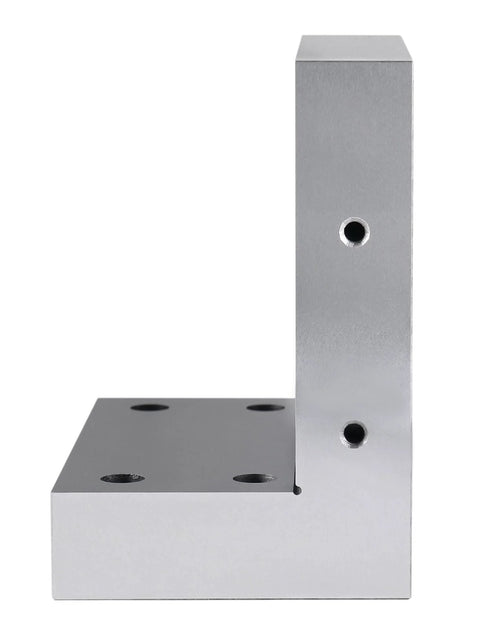 Angled view of a silver 6x6x4 precision angle plate with through holes in base and vertical leg.