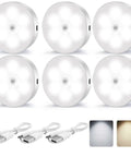 Motion Sensor Night Light Six Pack No Fuss Rechargeable LED Closet Lights 16 LEDs Per Light Wireless Activated Easy Install For Hallway Stairs Bedroom Warm White Energy Saving with USB cables and color modes