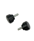 Two M4 x 10mm threaded knurled thumb screws with black plastic grips for monitor VESA mounts, showing carbon steel clamping knobs.
