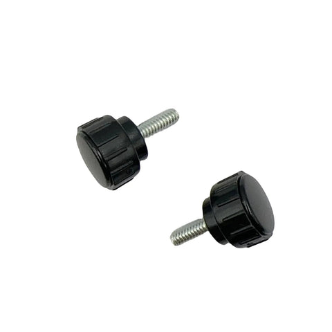 Two M4 x 10mm threaded knurled thumb screws with black plastic grips for monitor VESA mounts, showing carbon steel clamping knobs.