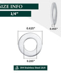 Front view of 1/4 in flat washer, 304 stainless steel, bright finish, 0.28 in ID x 0.63 in OD