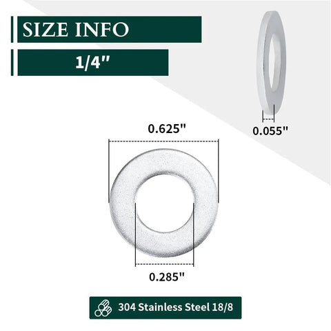 Front view of 1/4 in flat washer, 304 stainless steel, bright finish, 0.28 in ID x 0.63 in OD