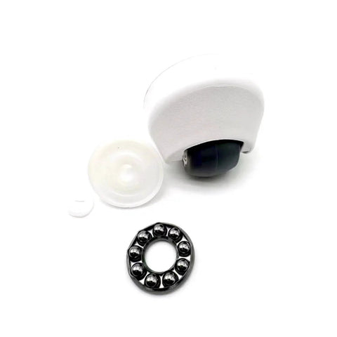 Front caster wheel assembly for ECOVACS robots; white housing, black wheel, metal bearing ring.