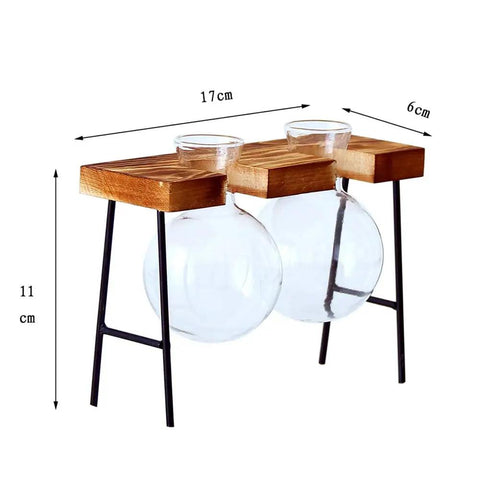 Glass Propagation Terrarium Planter Stations Stand for Desktop Indoor Hydroponics with wood and metal frame, dimensions shown.