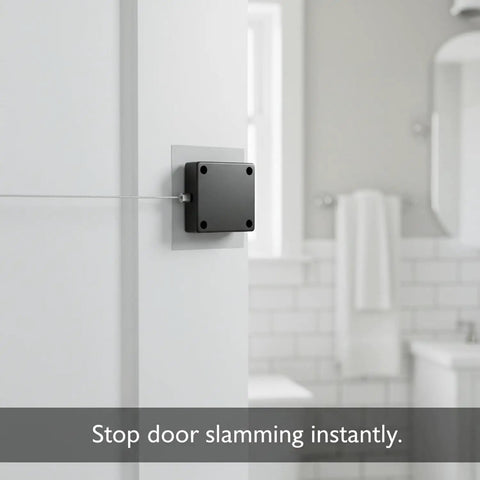 Adhesive Door Closer For Interior Wood Doors With Hydraulic Soft Close Damper No Drilling Required mounted on bathroom door