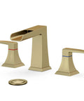 8 Inch Widespread Brushed Gold Bathroom Faucet with Slick Waterfall Flow, 3 Holes Deck Mount, Stainless Steel Pop Up Drain shown