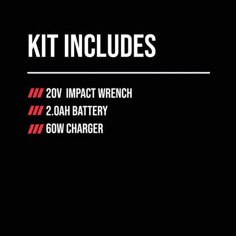 20V Brushless Cordless Impact Wrench Kit With 2.0Ah Battery And 60 Watt Charger, Two Speed Settings, Half Inch Anvil Friction Ring, Includes IW6720B10 Bundle contents list