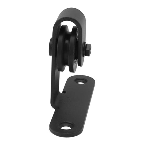 Top Shelf Heavy Duty Sliding Barn Door Roller Kit With Whisper Quiet Gliders And Smooth Operator Hardware side view of black steel roller for door system