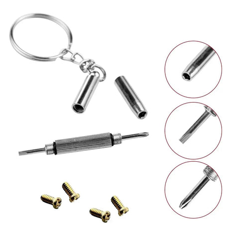 Clubmaster Replacement Backside Lens Screws Set With Screwdriver Four Golden Screws for RB Eyewear, Keychain and Screwdriver Detail