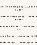 Size chart for Hot Pink Side Pull Hackamore Attachment for Your Bridle, Bitless Bridle Conversion, various nose sizes listed