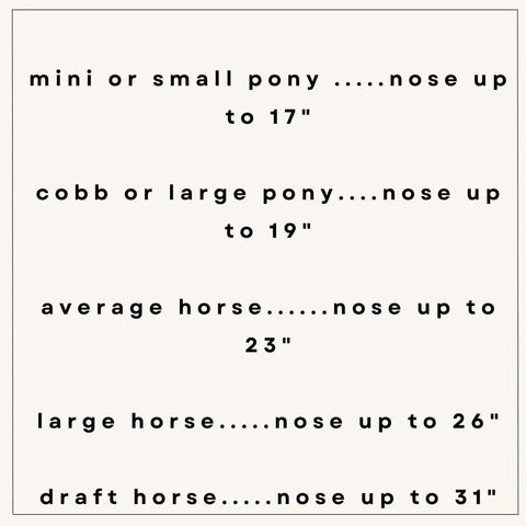 Size chart for Hot Pink Side Pull Hackamore Attachment for Your Bridle, Bitless Bridle Conversion, various nose sizes listed