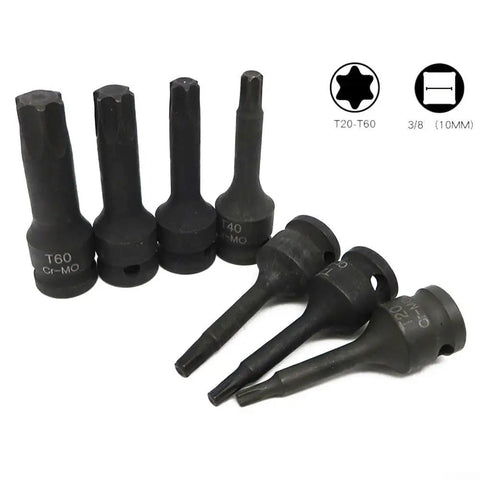 Three Eighth Inch Drive Socket Set Seven Piece Beefy Torx Bit Sockets Up To T60 With Black Oxide Coating, heavy-duty hand tools.