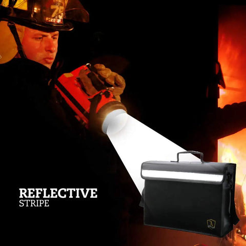 Fireproof Document And Money Bag Set, 3 Piece Padded Pouches With Wrap Around Zipper shown with reflective stripe in fire setting