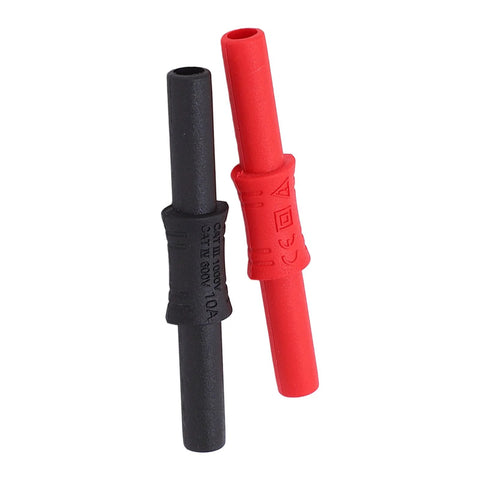 J.20009 banana coupler set of two insulated 4mm female-to-female banana connectors with red and black PVC sleeves.