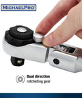 Close-up of Multi Position Extendable Flex Head Ratchet Set With 72 Tooth Reversible Quick Release head and adjustment gear.