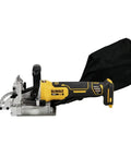 20V Max XR Brushless Biscuit Joiner Tool Only with dual rack and pinion fence, side view with dust bag
