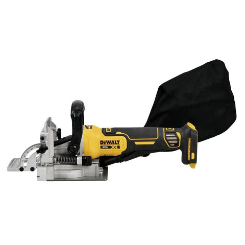 20V Max XR Brushless Biscuit Joiner Tool Only with dual rack and pinion fence, side view with dust bag