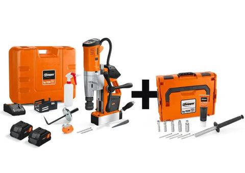 Heavy Hitter Portable Magnetic Base Drill Machine With Brushless Motor 18V Cordless Power Tool with accessories and case.