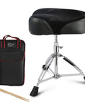 Built Tight Motorcycle Style Drum Throne With Durable Travel Bag Height Adjustable Swivel Seat Heavy Duty Double Brace Frame For Weekend Players And Serious Session Pros Black with black leather seat and travel bag