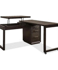 L Shaped Lift Top Standing Desk 56 Inch Wide Hardwood Corner Workstation Featuring Solid Oak Veneer Umber Brown Finish and Dovetail Drawers, adjustable surface.