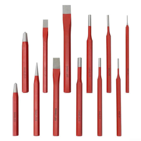 Kick Your DIY Game Up A Notch With This Badass 12 Piece Punch And Chisel Set Perfect For Metal Wood Stone And Brick Shaping Works In Any Garage Shop Or Home Workshop For Serious Mechanics And Crafters. 12-piece red steel punch and chisel set