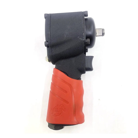 Workhorse Grade Pneumatic Air Impact Wrench Half Inch Drive Twin Hammer design side view with red grip and black finish