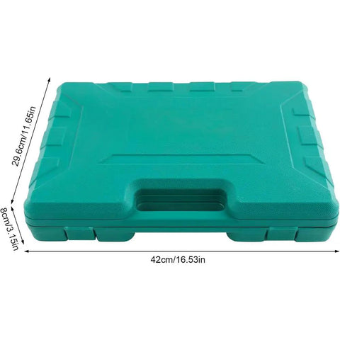 Auto Body Dent Repair Kit 9 Piece Hammer and Dolly Set For Cars in teal carrying case with dimensions 42cm x 29.6cm x 8cm
