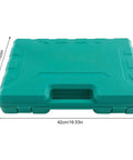 Carrying case for Heavy Duty Auto Body Hammer And Dolly Repair Kit with dimensions labeled on a teal box