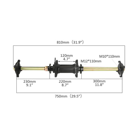 32 Inch Rear Axle Complete Assembly Kit With Swingarm Frame Bracket For GY6 110cc 125cc 150cc And 200cc ATVs Go Karts Buggy DIY Rebuild 4 Hole Carrier Wheel Hub, shown with measurements