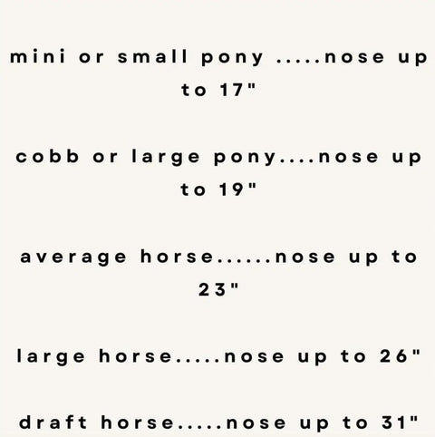 Size guide for Side Pull Hackamore Whoa Bitless Bridle Attachment for ponies and horses up to draft size.