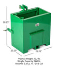 3 Point Green Ballast Box For Cat 1 Tractors 800 Lb Capacity 39.5 Gal Tank with dimensions and weight capacity shown