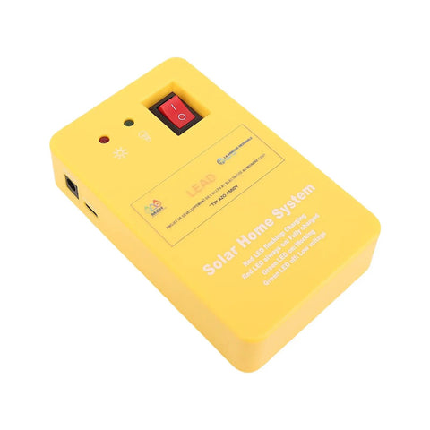 Top Shelf Solar Generator Kit With 6000mAh Battery, Led Lighting, And Multiport Usb Hub For Camping, Emergency Home Backup, Off Grid Adventures All Season Long, yellow solar power unit with LED indicators and power switch.