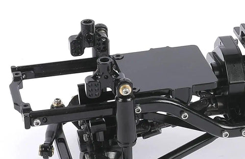 Close-up of Beefy Aluminum Adjustable Shock Tower Mount Set For 1/24 RC Crawler Axial SCX24 Upgrade Kit Black CNC Brackets.