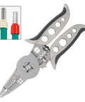 Professional Grade Electrical Wire Stripper And Crimping Pliers Combo Tool with chrome vanadium steel jaws and rubber grips.