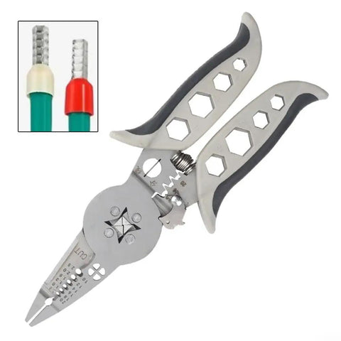 Professional Grade Electrical Wire Stripper And Crimping Pliers Combo Tool with chrome vanadium steel jaws and rubber grips.